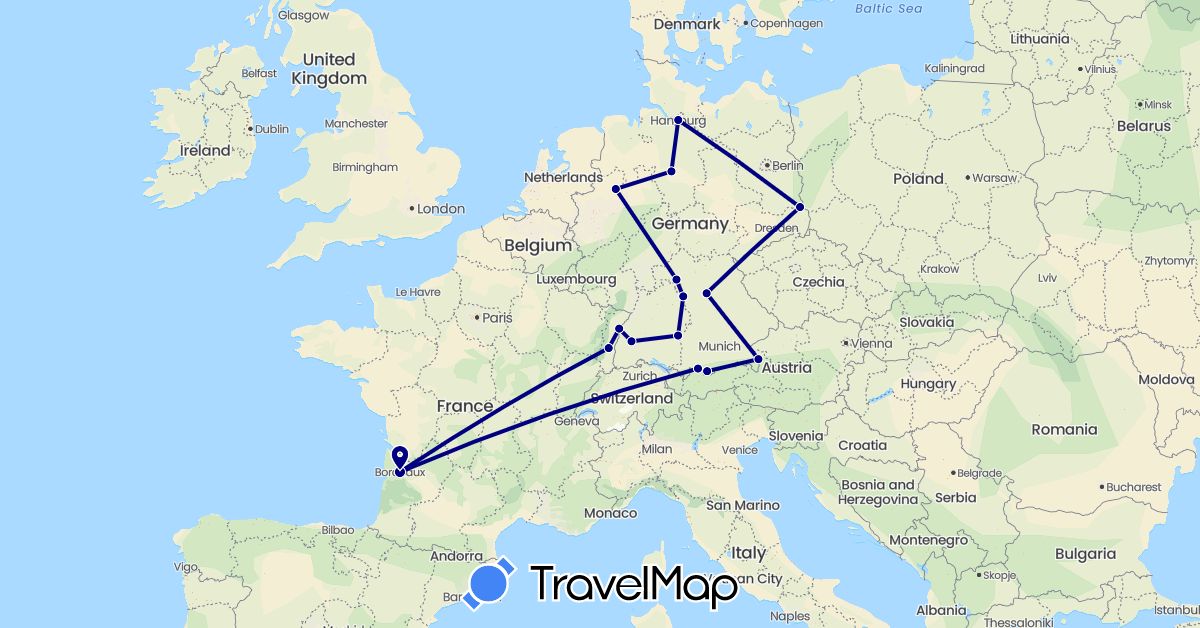 TravelMap itinerary: driving in Austria, Germany, France (Europe)